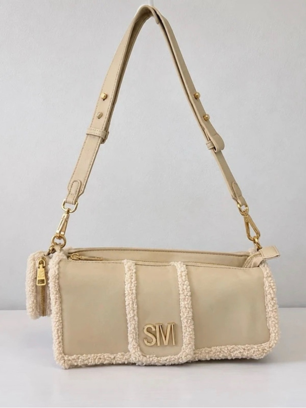 Steve Madden Cream Shoulder Bag with Shearling Trim